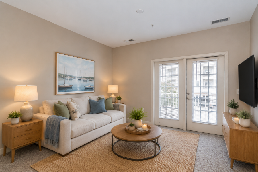 A cozy living room with a sofa, coffee table, lamps, plants, wall art, and double glass doors letting in natural light.