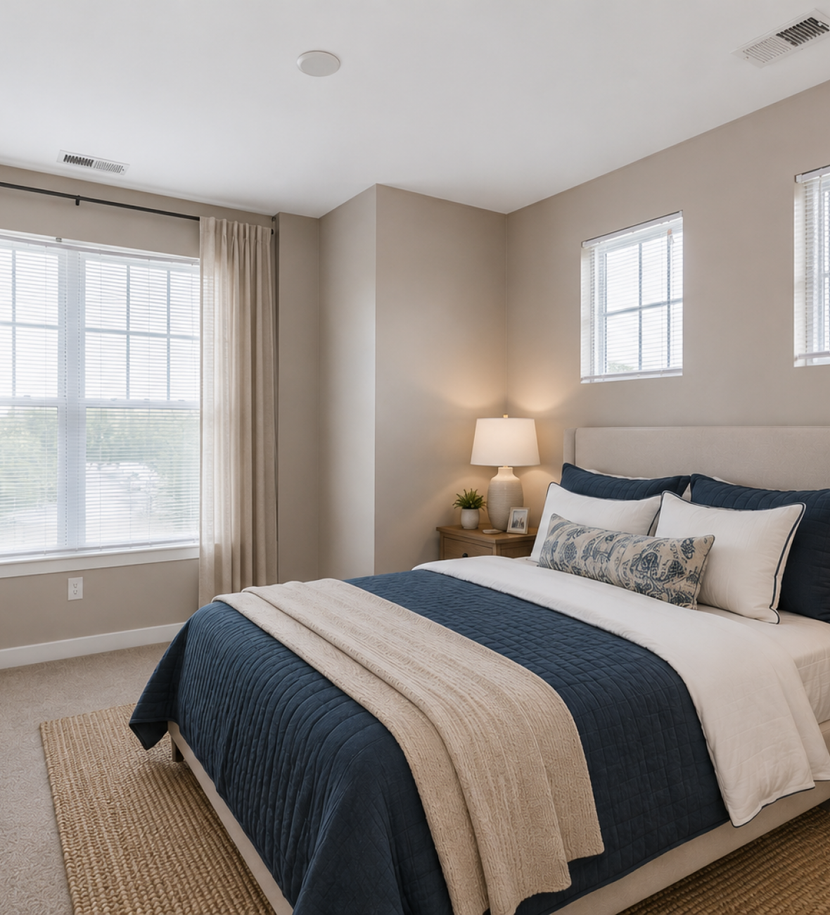 Modern bedroom with beige walls, a bed with blue and beige bedding, two windows, lamps, and wooden furniture.