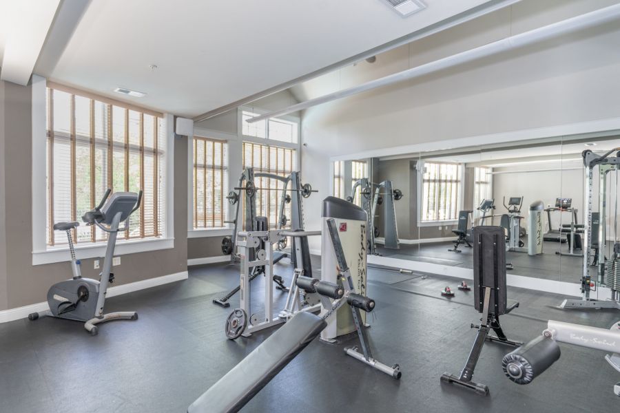 A bright gym room with exercise machines, including a bike, weight bench, and strength training equipment.