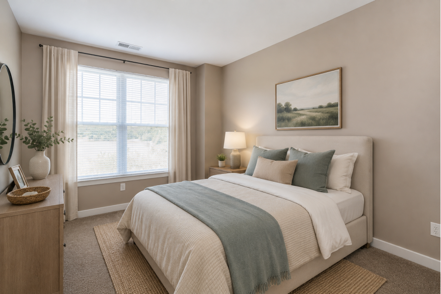 A cozy bedroom with a beige bed, green accents, large window, nightstand, and nature artwork on the wall.