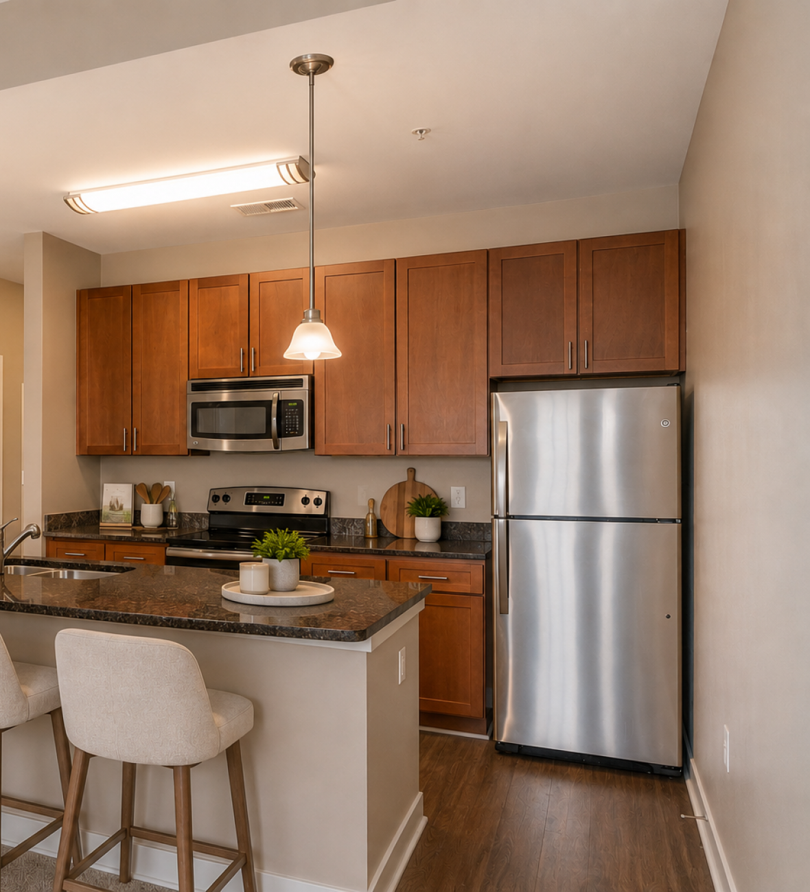 Modern kitchen with wooden cabinets, stainless steel appliances, a granite island, and three beige barstools under pendant lights.