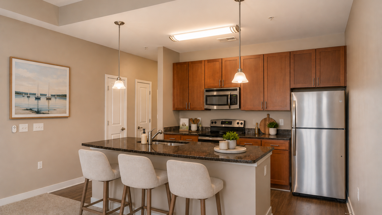 Modern kitchen and living area with white cabinets, stainless steel appliances, and a large island. Cozy seating area with a sofa and rug in the background. Bright and inviting atmosphere.