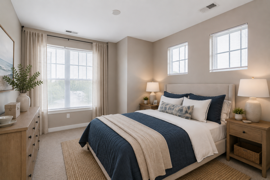 Modern bedroom with beige walls, a bed with blue and beige bedding, two windows, lamps, and wooden furniture.