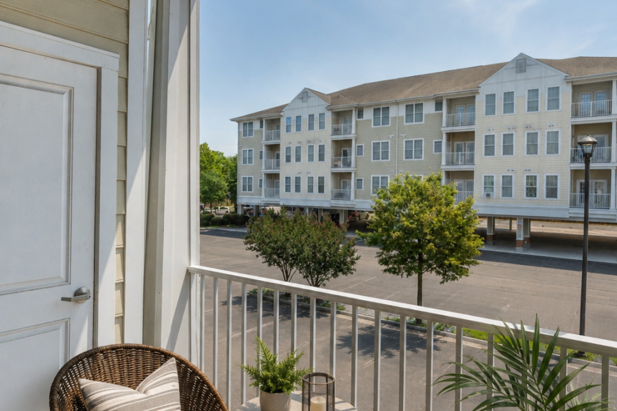 Small balcony with a chair, side table, and potted plants, overlooking a parking lot and apartment buildings under a blue sky.