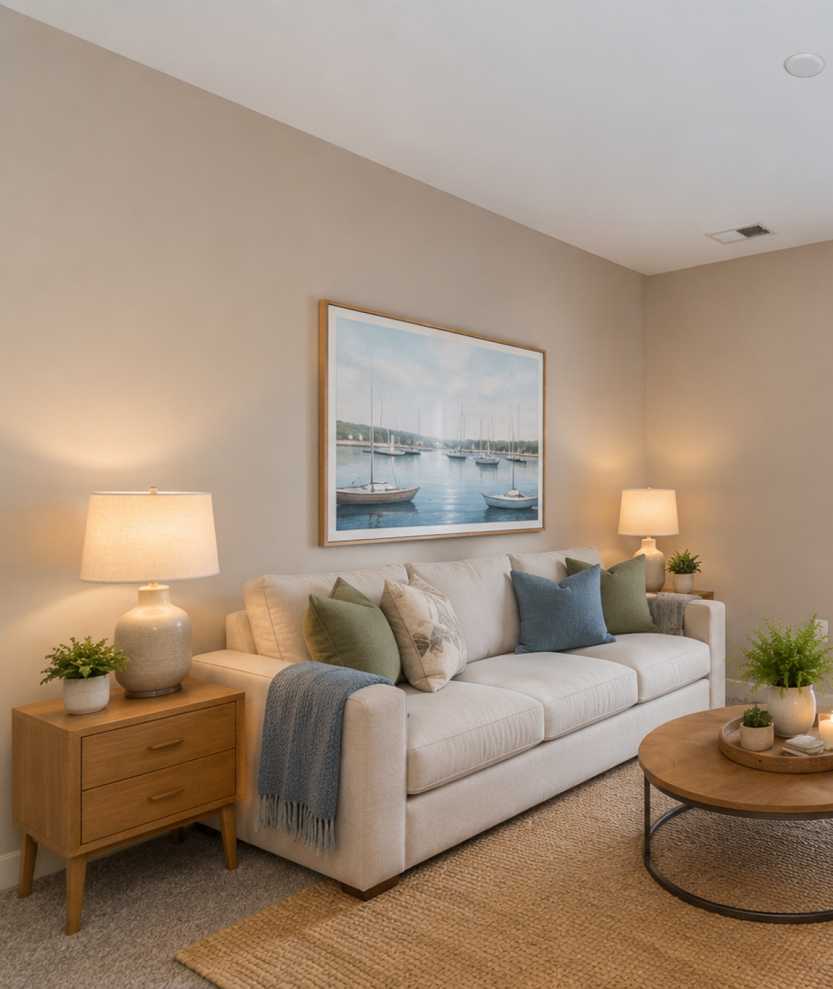 A cozy living room with a sofa, coffee table, lamps, plants, wall art, and double glass doors letting in natural light.