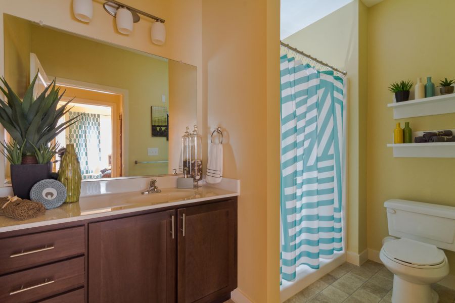 Modern bathroom with a brown vanity, potted plants, and a shower with a blue and white striped curtain.